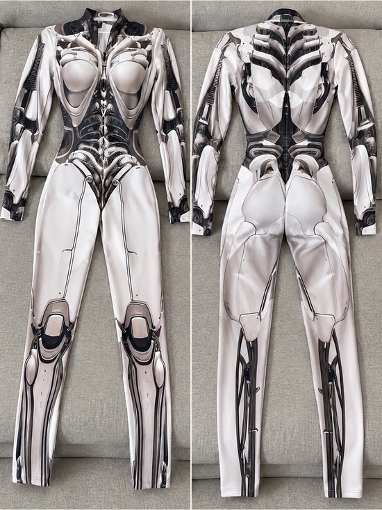 Badinka Pants - Fitted White & Black Mechanical-Print Full-Length Jumpsuit